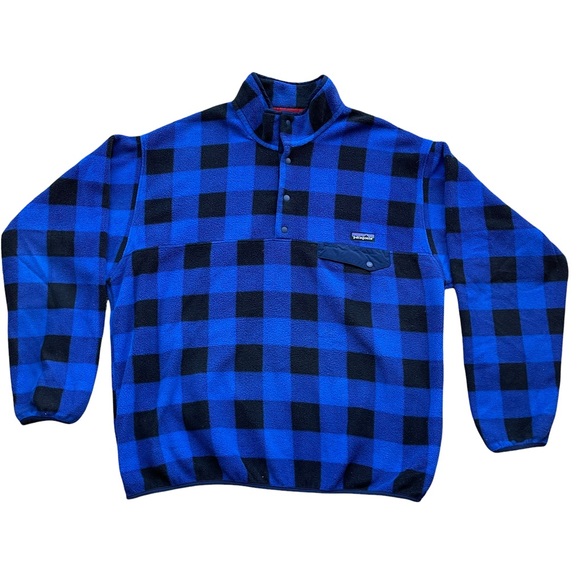 Patagonia Fleece Synchilla Snap-T Pullover Jacket Blue Plaid Checkered XL - Picture 2 of 9